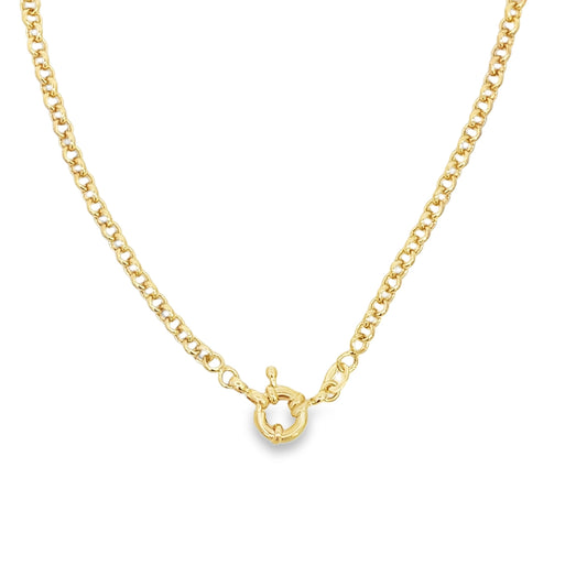 A polished gold chain necklace features a round spring ring clasp centered against a clean white background.