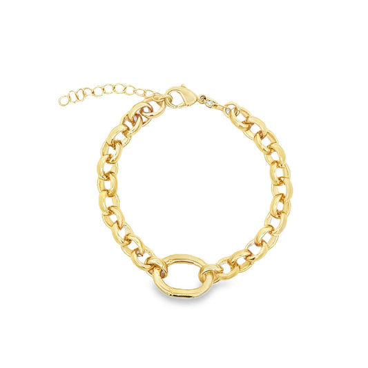 A thick gold chain link bracelet curves against a clean white background, showcasing its polished links and lobster clasp.