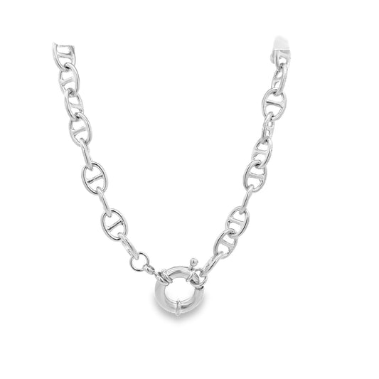 A silver mariner link necklace features a prominent round spring clasp at the center against a clean white background.
