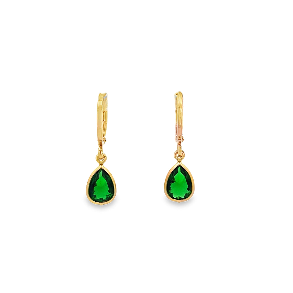 A pair of elegant gold-framed teardrop earrings with vibrant green gemstone pendants dangle against a clean white background.