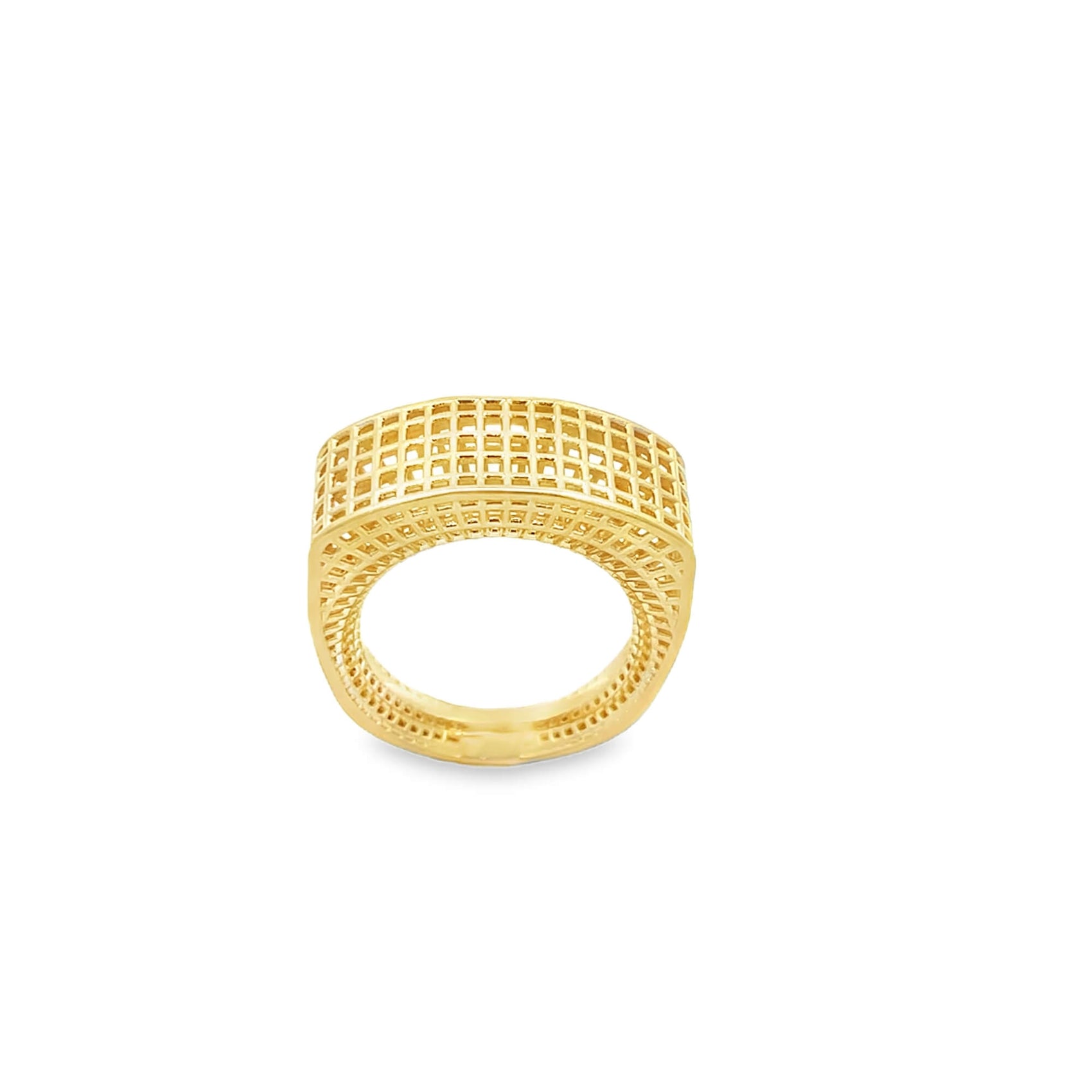 A wide gold band ring features an intricate openwork grid design across its surface.