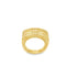 A wide gold band ring features an intricate openwork grid design across its surface.