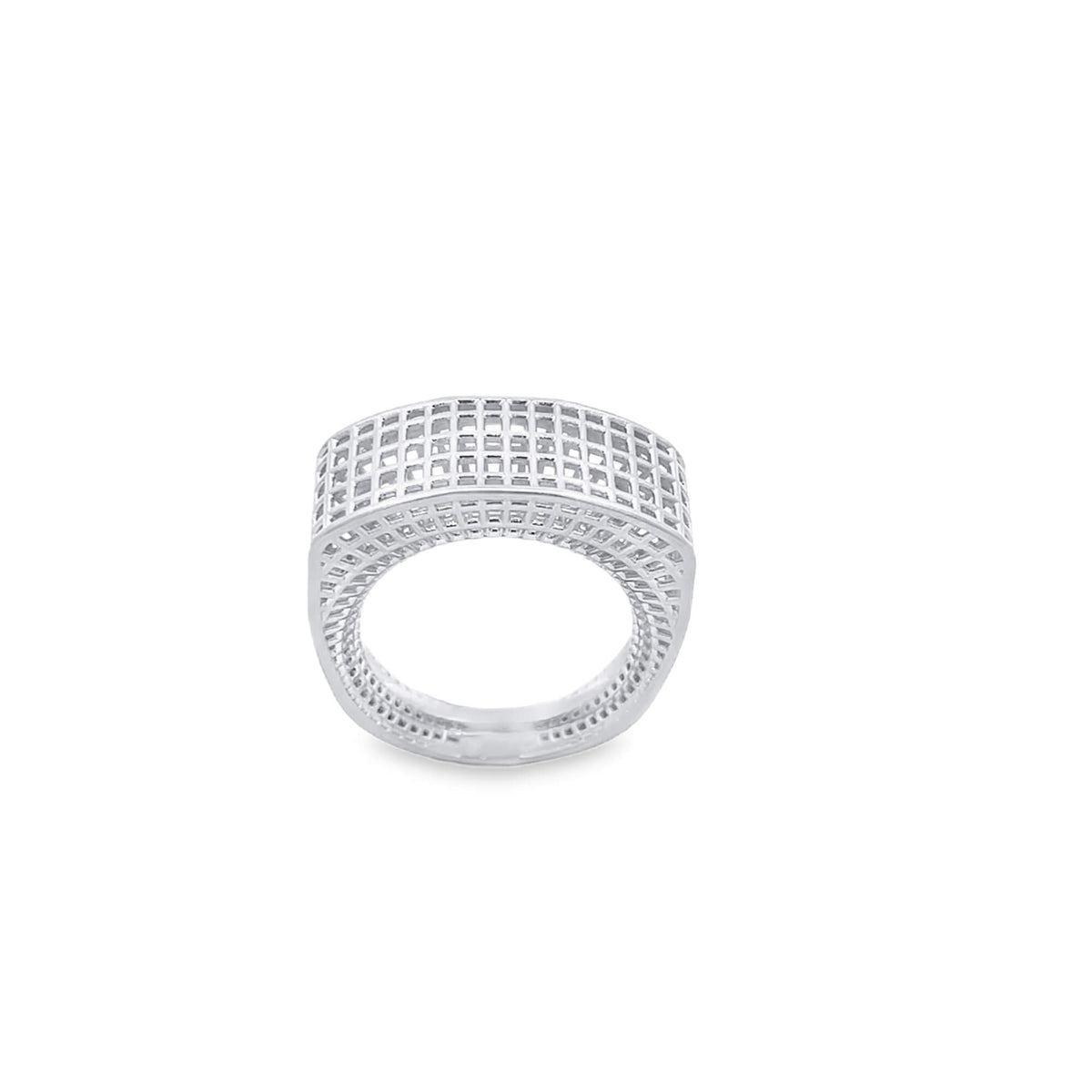 A modern silver statement ring features an intricate openwork grid design with a polished band against a clean white background.