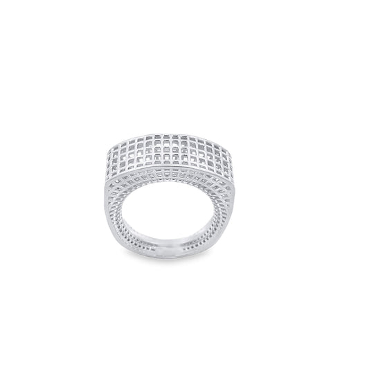 A modern silver statement ring features an intricate openwork grid design with a polished band against a clean white background.