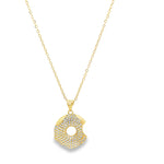 Modern gold open circle pendant necklace featuring pavé cubic zirconia stones. A minimalist yet eye-catching necklace perfect for layering or everyday wear.