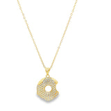 Modern gold open circle pendant necklace featuring pavé cubic zirconia stones. A minimalist yet eye-catching necklace perfect for layering or everyday wear.