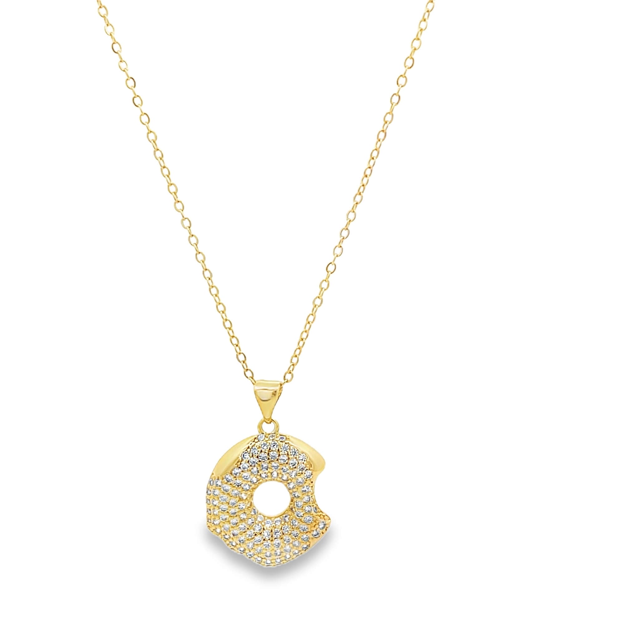 Modern gold open circle pendant necklace featuring pavé cubic zirconia stones. A minimalist yet eye-catching necklace perfect for layering or everyday wear.