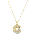 Modern gold open circle pendant necklace featuring pavé cubic zirconia stones. A minimalist yet eye-catching necklace perfect for layering or everyday wear.