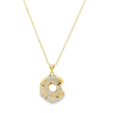 Modern gold open circle pendant necklace featuring pavé cubic zirconia stones. A minimalist yet eye-catching necklace perfect for layering or everyday wear.