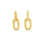 Gold twisted double hoop drop earrings with a rope-style oval link. Lightweight, minimalist earrings perfect for everyday wear.