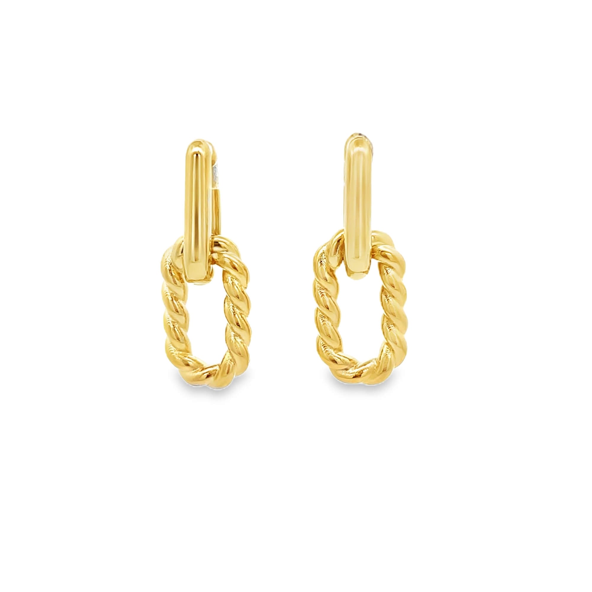Gold twisted double hoop drop earrings with a rope-style oval link. Lightweight, minimalist earrings perfect for everyday wear.