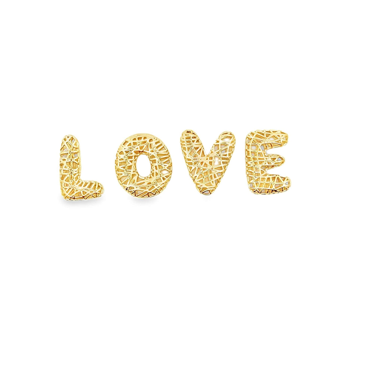 A set of four gold mesh letter charms spells out the word LOVE against a clean white background.