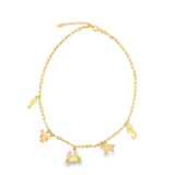 Gold charm necklace featuring zodiac and animal pendants including crab, bull, fish, turtle, and seahorse on a paperclip chain. Perfect for layering.