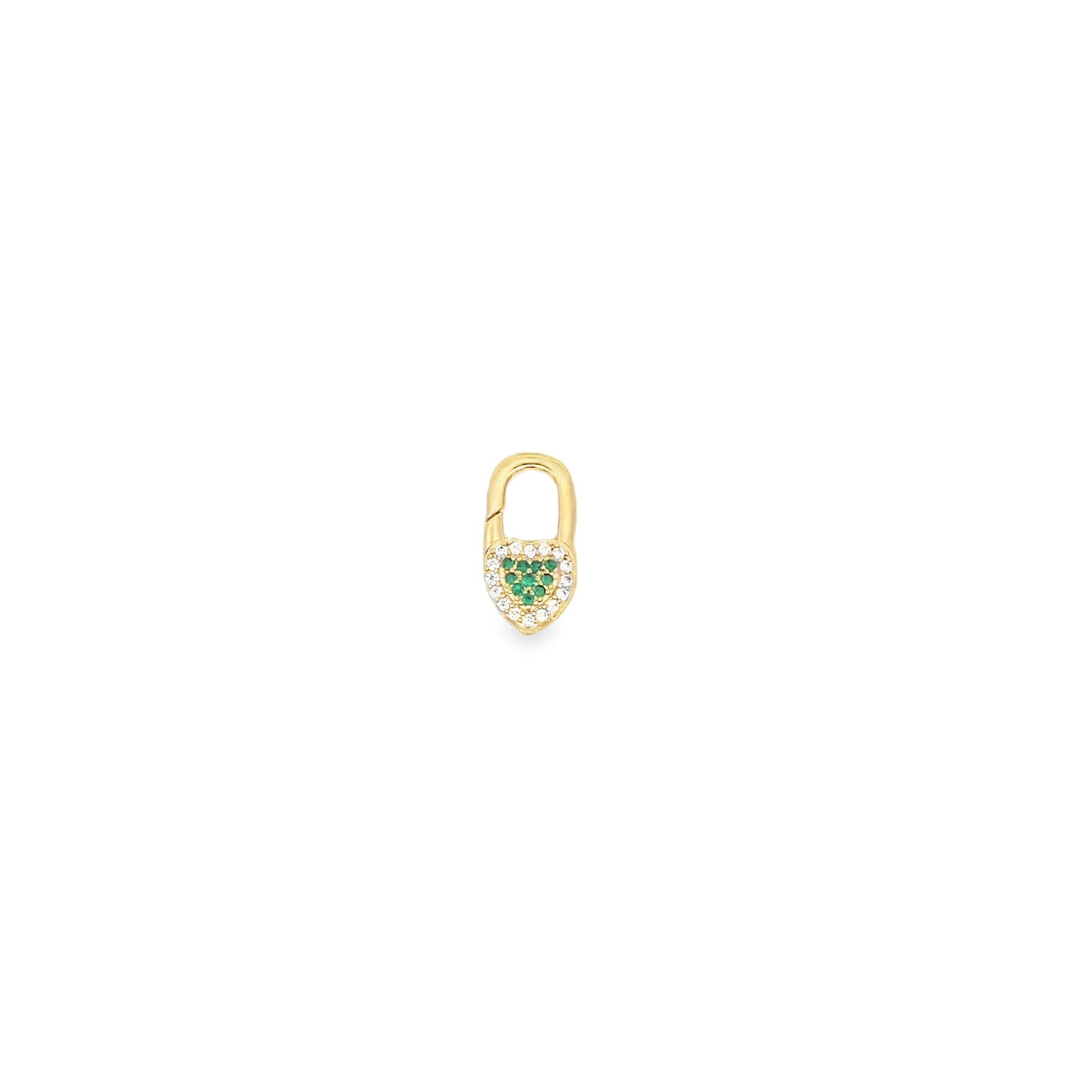 A gold padlock charm features a heart-shaped design embedded with sparkling white and green stones.
