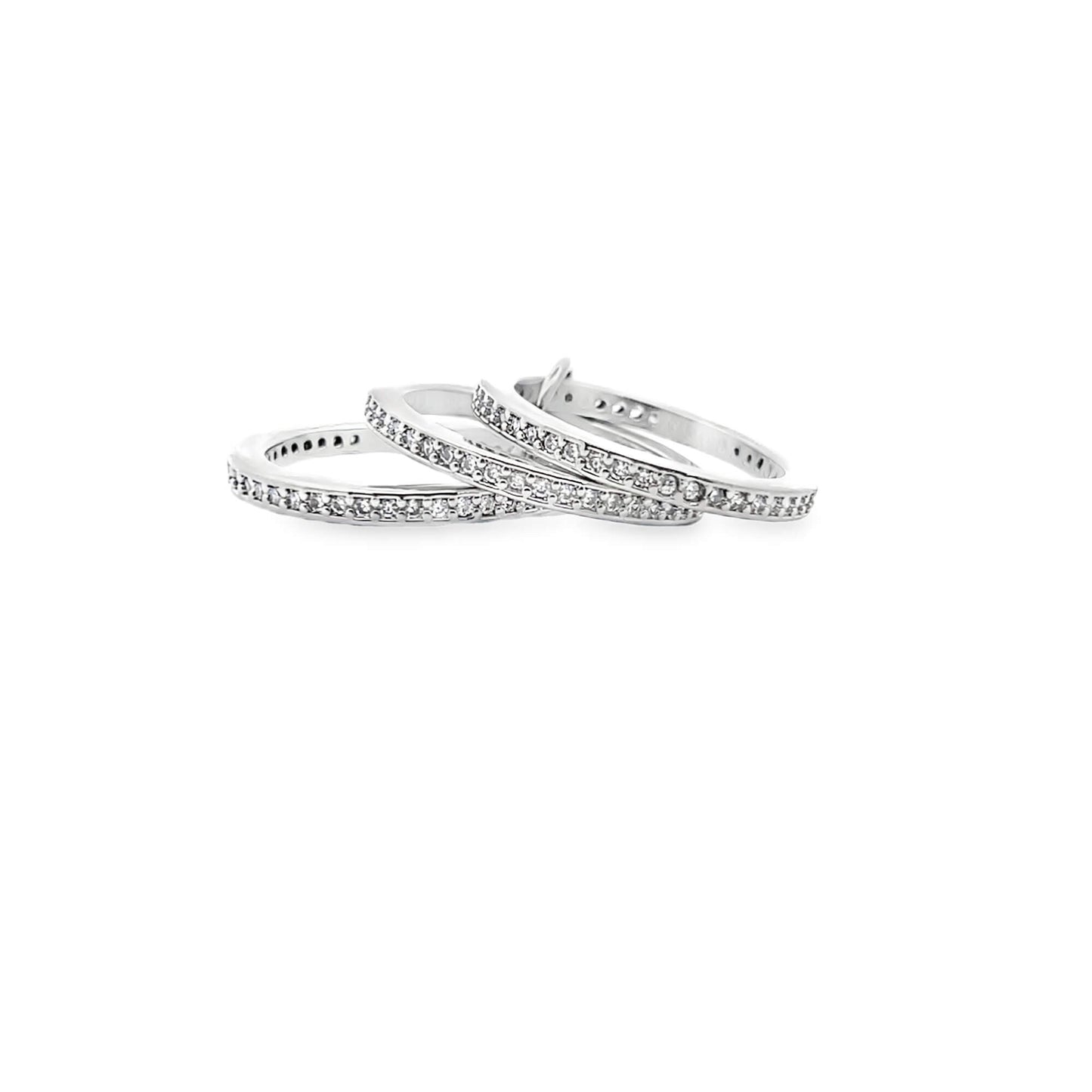 Shop elegant sterling silver stacking rings with pavé cubic zirconia. Minimalist, versatile band rings perfect for everyday wear or gifting.