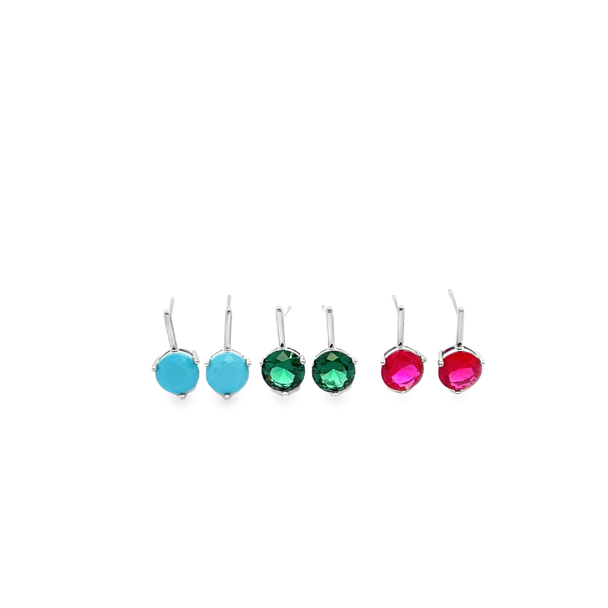 Three pairs of silver leverback earrings showcase vibrant turquoise, emerald green, and ruby red round gemstone drops against a clean white background.
