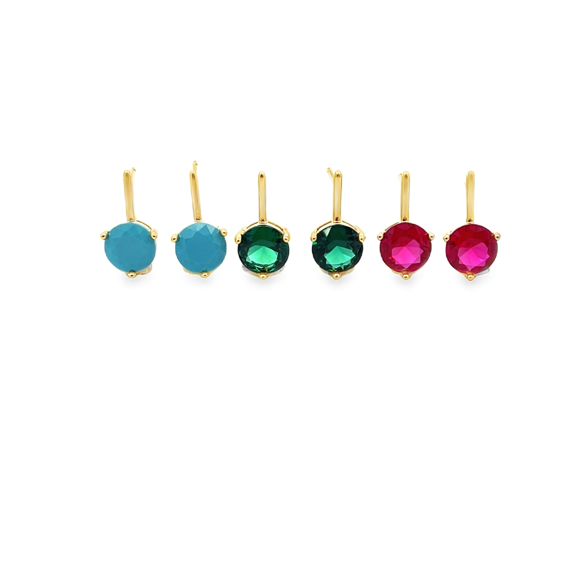 Six vibrant leverback earrings sparkle in pairs of turquoise, green, and fuchsia gemstones set in yellow gold against a white background.