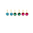 Six vibrant leverback earrings sparkle in pairs of turquoise, green, and fuchsia gemstones set in yellow gold against a white background.