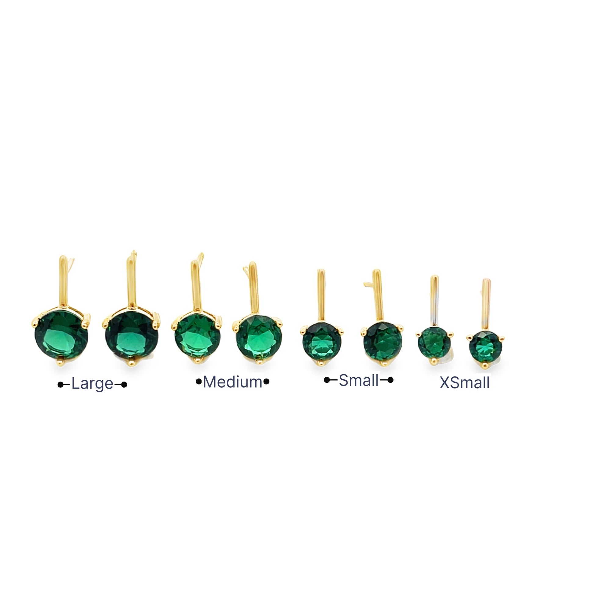 A lineup of gold huggie earrings featuring vibrant green emerald cubic zirconia stones displayed in size options from extra small to large.