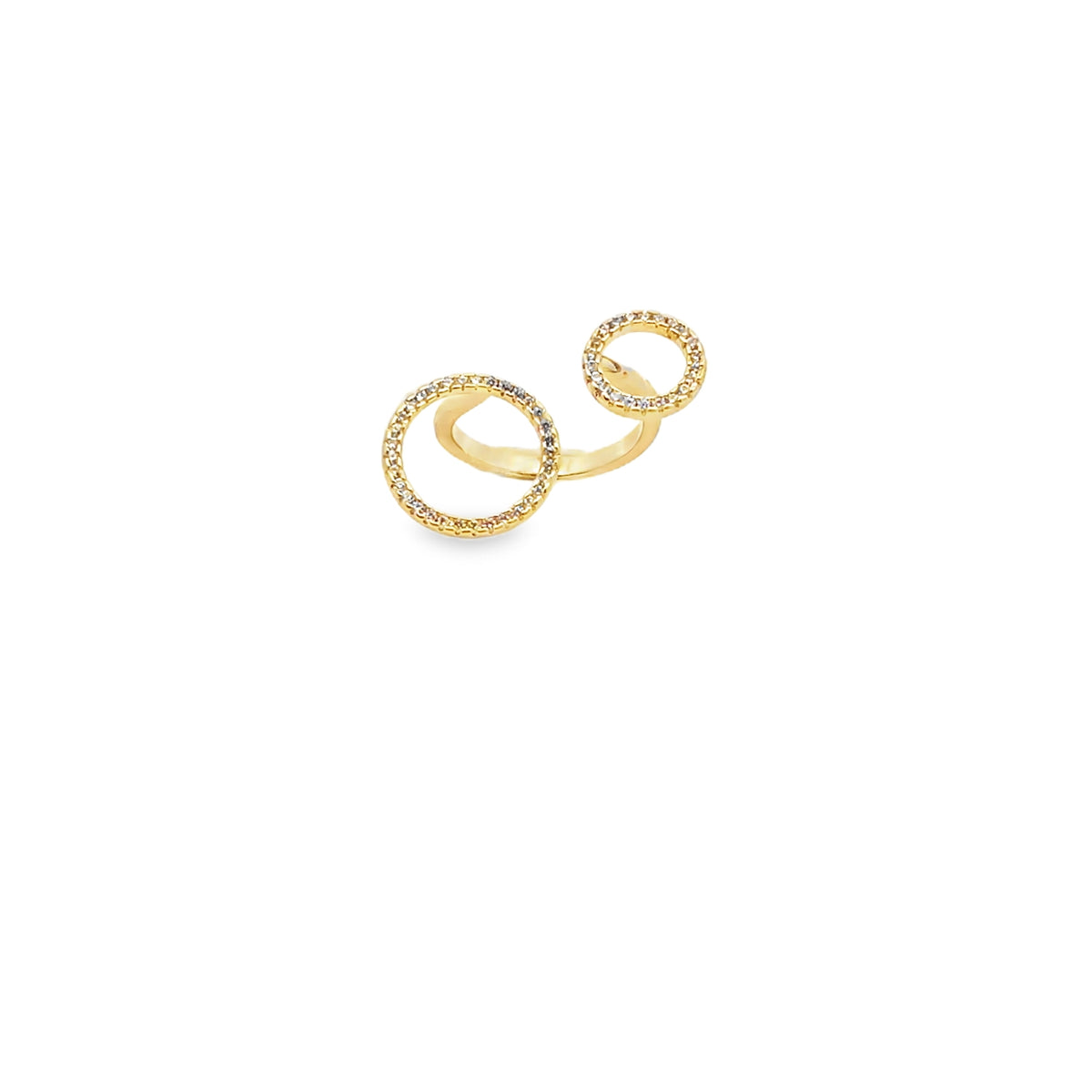 Modern double circle open ring with pavé cubic zirconia. Available in gold and silver finishes. Trendy adjustable geometric statement ring for women.