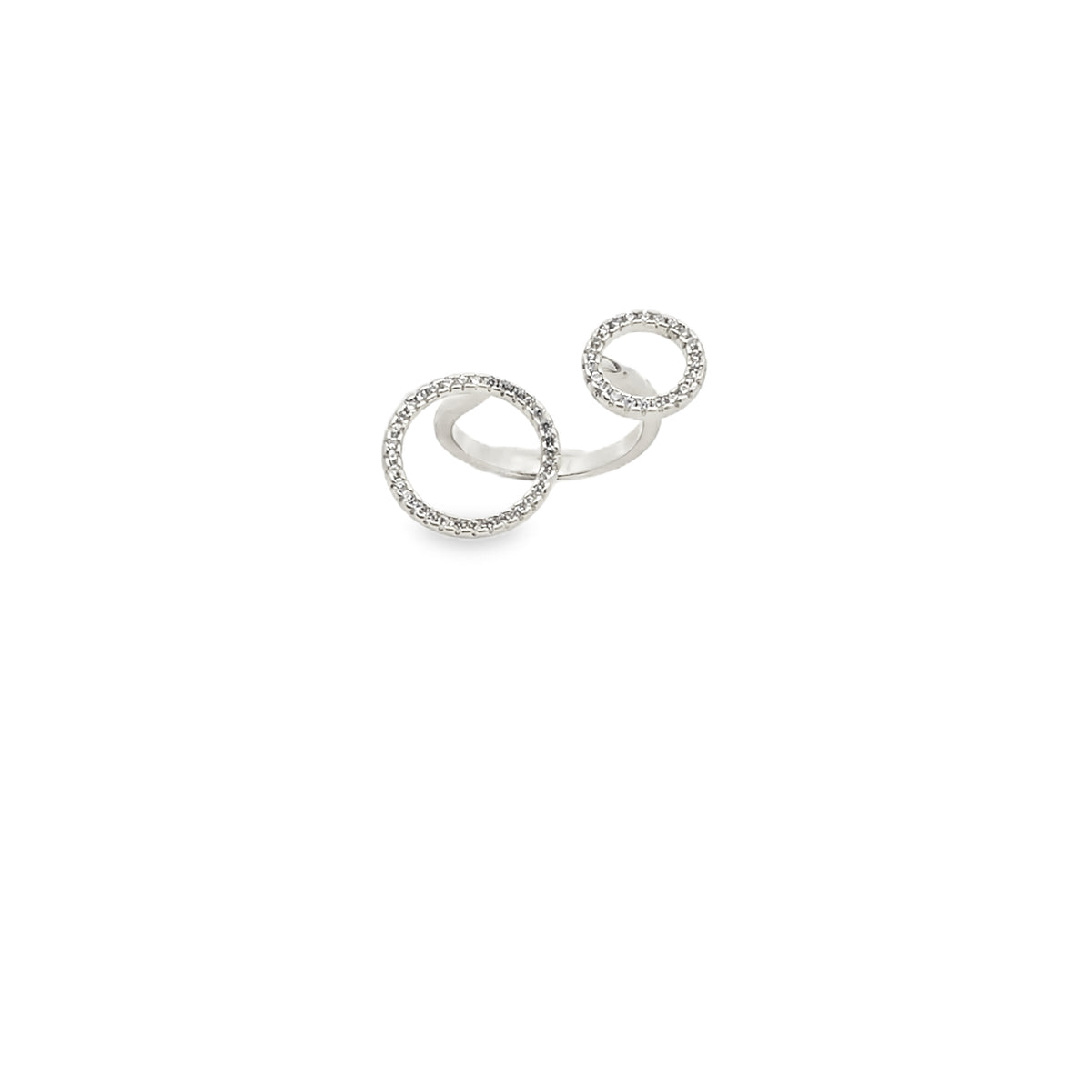 Modern double circle open ring with pavé cubic zirconia. Available in gold and silver finishes. Trendy adjustable geometric statement ring for women.