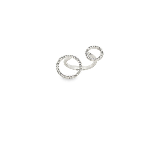 Modern double circle open ring with pavé cubic zirconia. Available in gold and silver finishes. Trendy adjustable geometric statement ring for women.