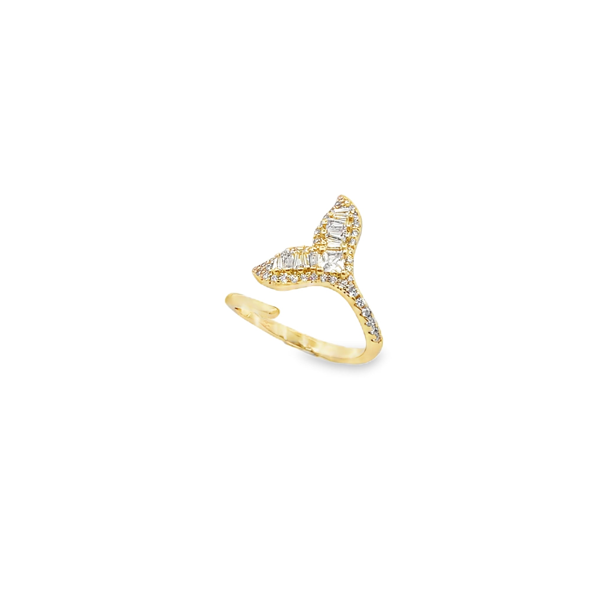 Sparkling CZ butterfly adjustable ring featuring baguette and round stones. Available in gold or silver plating. Trendy statement jewelry gift for her.