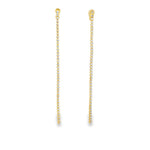 Elegant long CZ tennis drop earrings in gold or silver plating. Sparkling cubic zirconia dangle earrings perfect for bridal and formal wear.