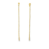 Elegant long CZ tennis drop earrings in gold or silver plating. Sparkling cubic zirconia dangle earrings perfect for bridal and formal wear.