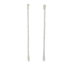 Elegant long CZ tennis drop earrings in gold or silver plating. Sparkling cubic zirconia dangle earrings perfect for bridal and formal wear.