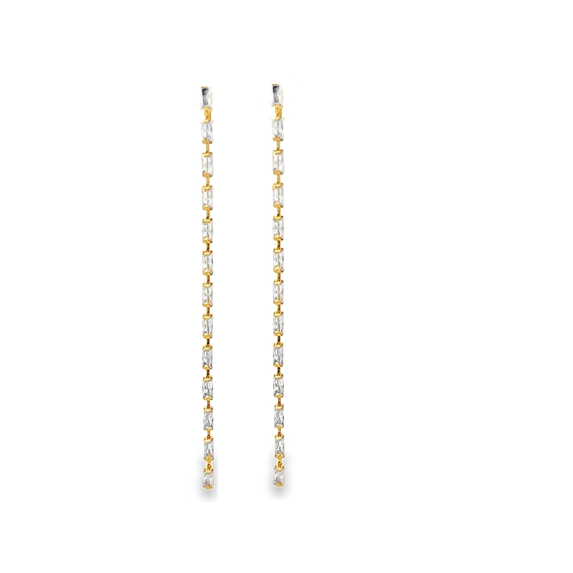 Elegant Long Dainty CZ Baguette Link  Drop Earrings in gold or silver. Dainty linear dangle design perfect for weddings, formal events, and everyday glam.