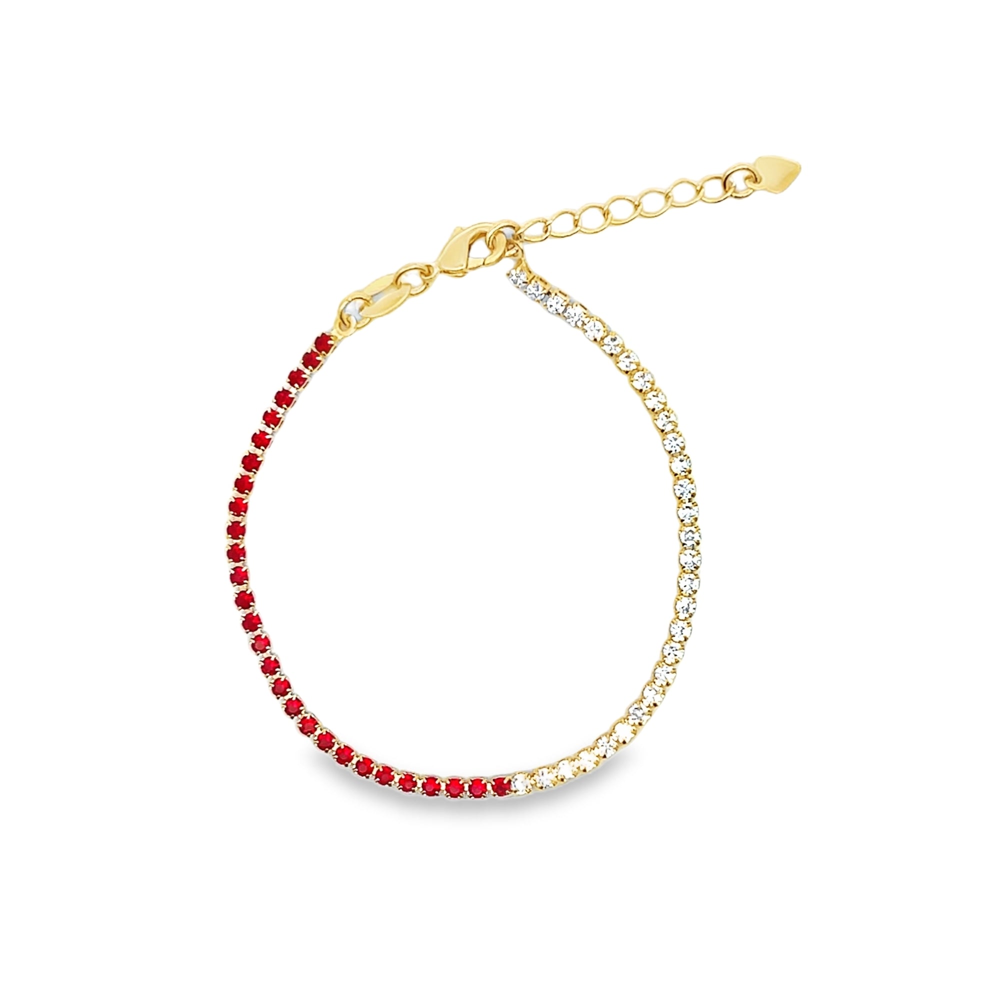 Gold plated two-tone CZ tennis bracelet with red, blue or white stones. Adjustable lobster clasp. Heavy, luxury feel statement jewelry.