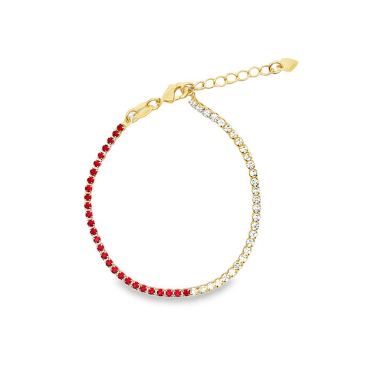 Gold plated two-tone CZ tennis bracelet with red, blue or white stones. Adjustable lobster clasp. Heavy, luxury feel statement jewelry.