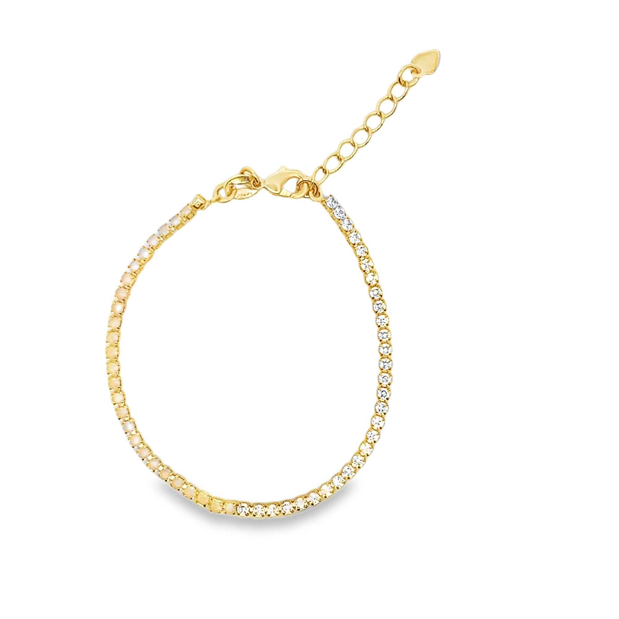 Gold plated two-tone CZ tennis bracelet with red, blue or white stones. Adjustable lobster clasp. Heavy, luxury feel statement jewelry.