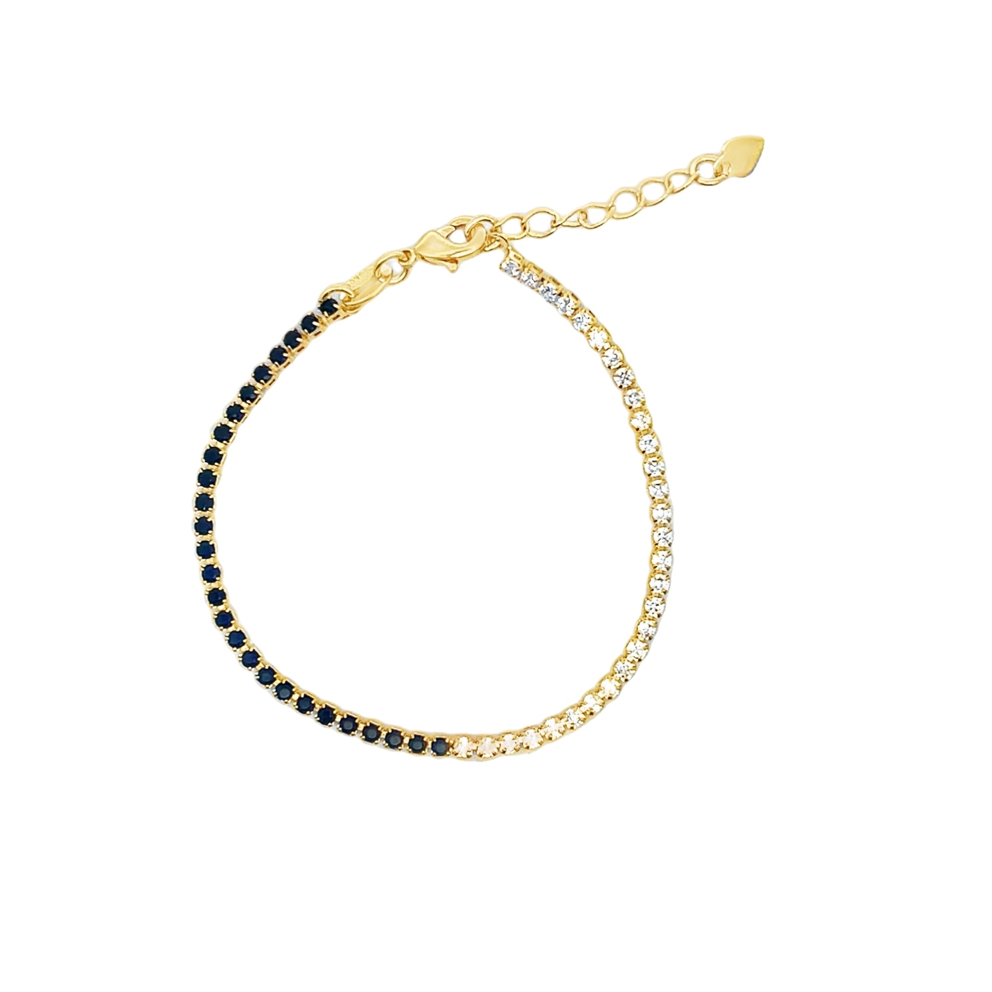 Gold plated two-tone CZ tennis bracelet with red, blue or white stones. Adjustable lobster clasp. Heavy, luxury feel statement jewelry.