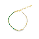 Gold plated two-tone CZ tennis bracelet with red, blue or white stones. Adjustable lobster clasp. Heavy, luxury feel statement jewelry.