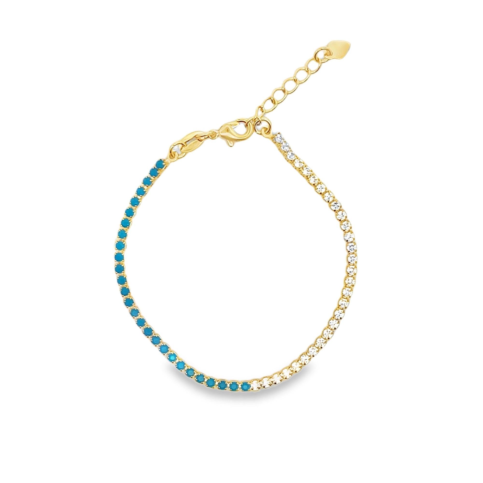 Gold plated two-tone CZ tennis bracelet with red, blue or white stones. Adjustable lobster clasp. Heavy, luxury feel statement jewelry.