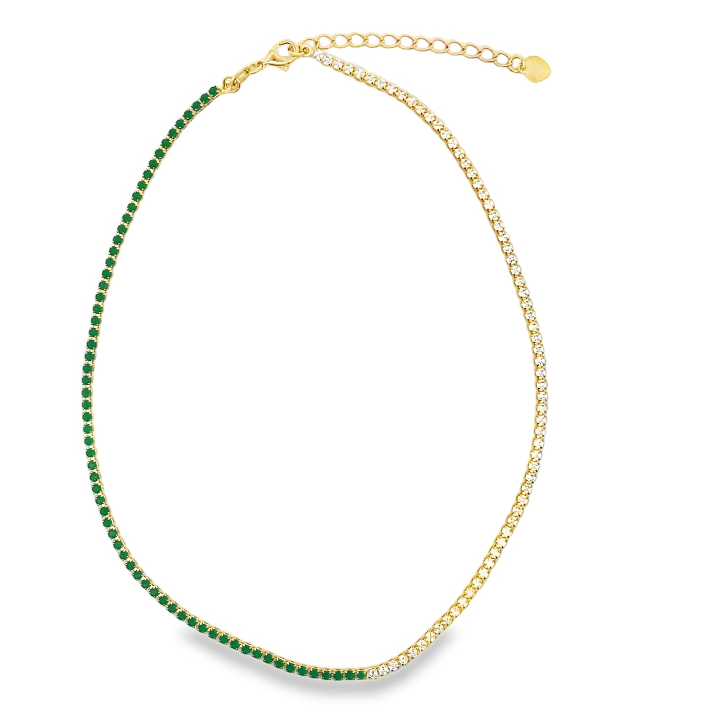 Shop our two tone gold tennis choker necklace featuring half colored CZ and half clear cubic zirconia stones.  statement crystal collar for women.