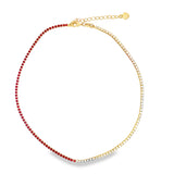 Shop our two tone gold tennis choker necklace featuring half colored CZ and half clear cubic zirconia stones.  statement crystal collar for women.