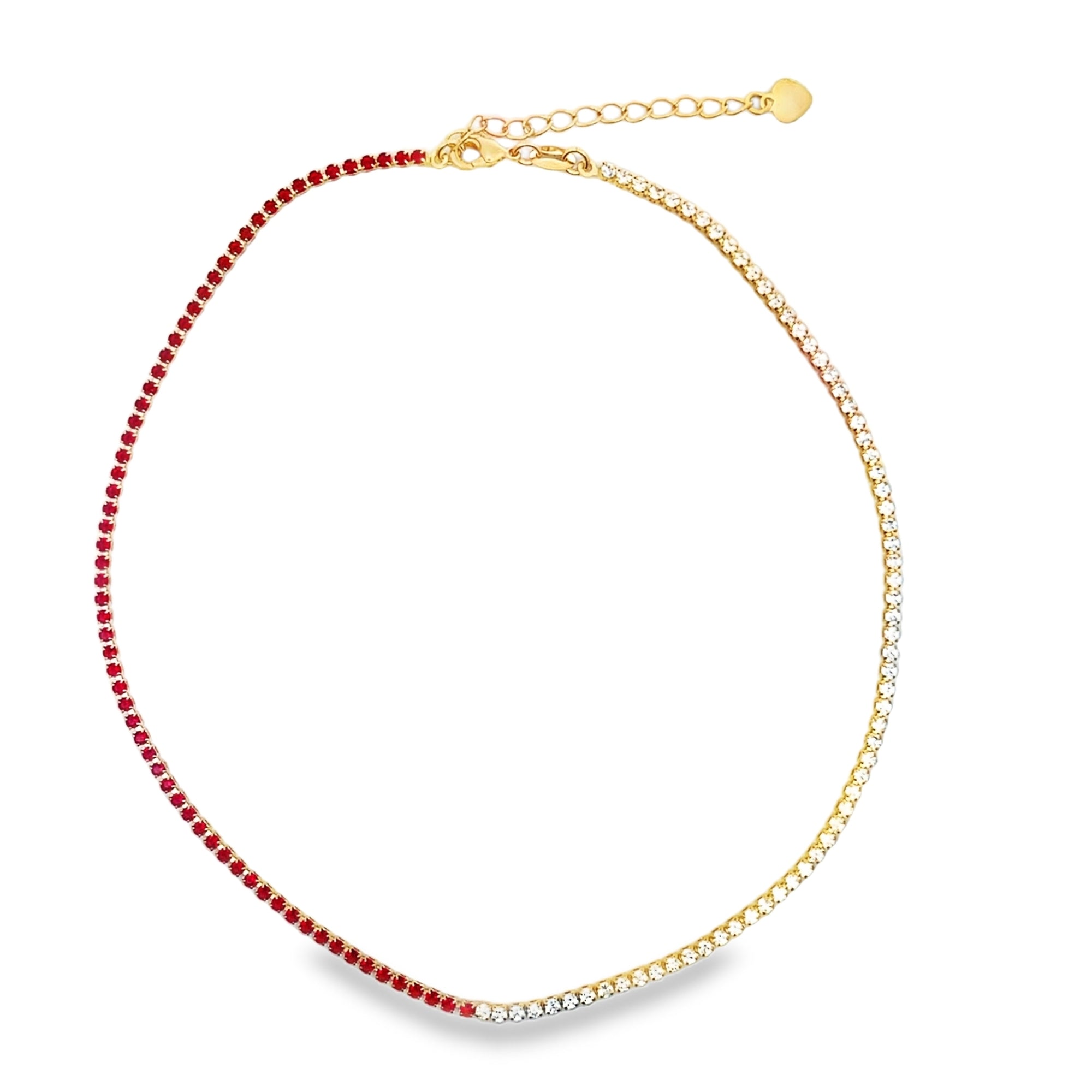 Shop our two tone gold tennis choker necklace featuring half colored CZ and half clear cubic zirconia stones.  statement crystal collar for women.