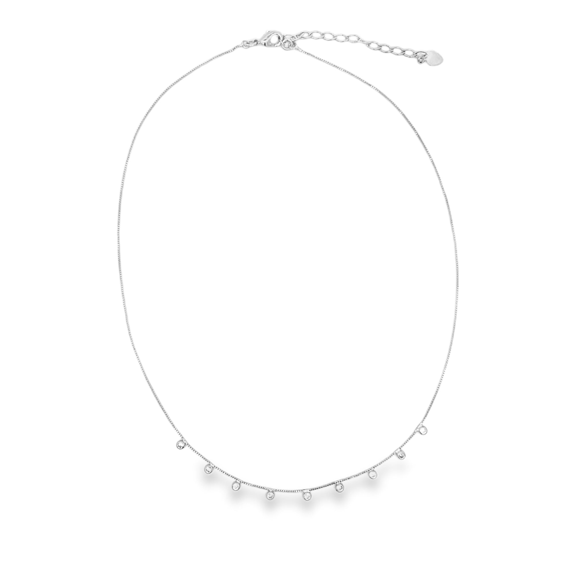 Elegant gold plated CZ drop choker necklace with delicate bezel-set stones. Minimalist, adjustable, perfect for layering or everyday wear