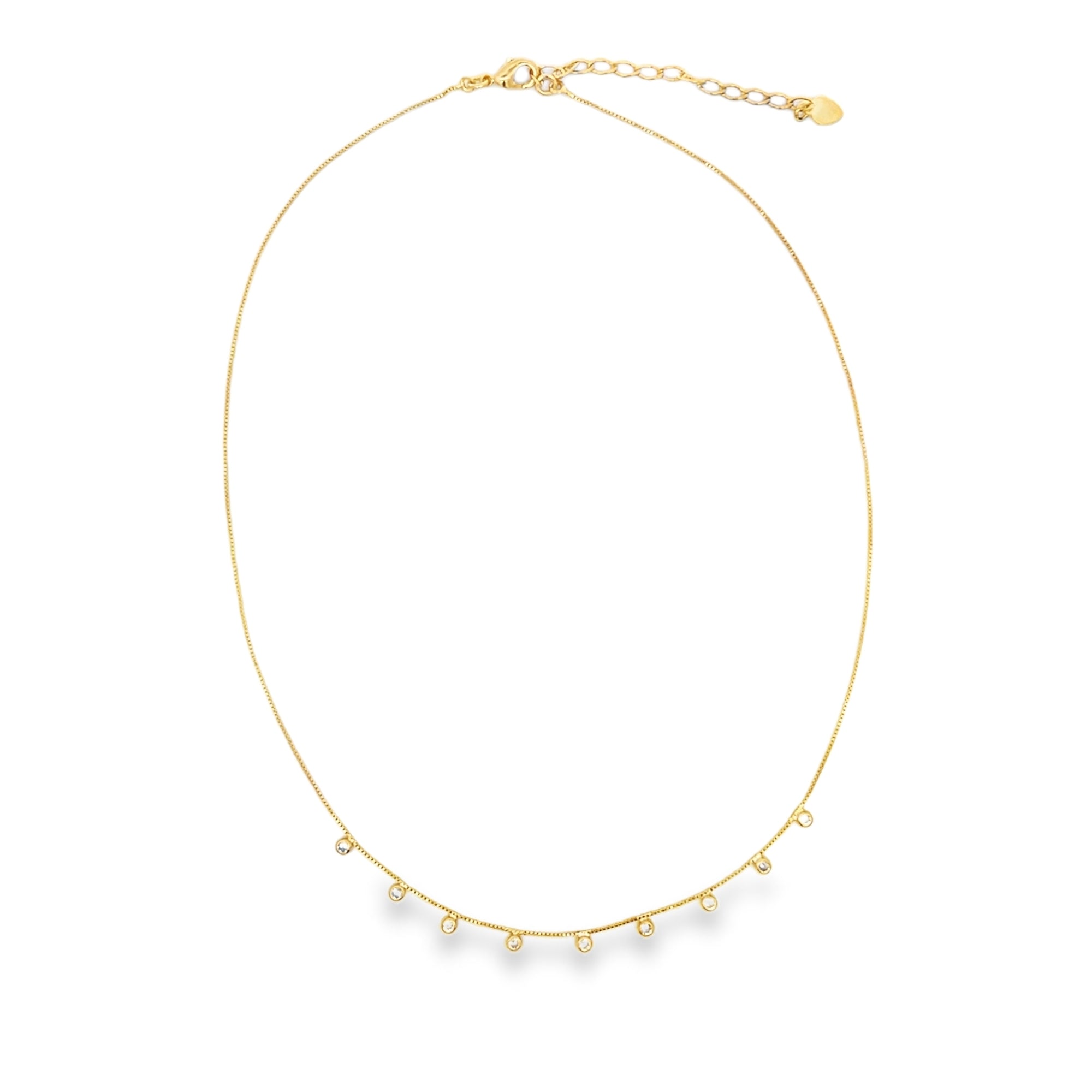 Elegant gold plated CZ drop choker necklace with delicate bezel-set stones. Minimalist, adjustable, perfect for layering or everyday wear