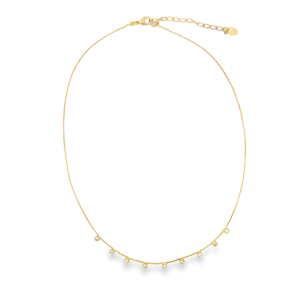 Elegant gold filled CZ drop choker necklace with delicate bezel-set stones. Minimalist, adjustable, perfect for layering or everyday wear