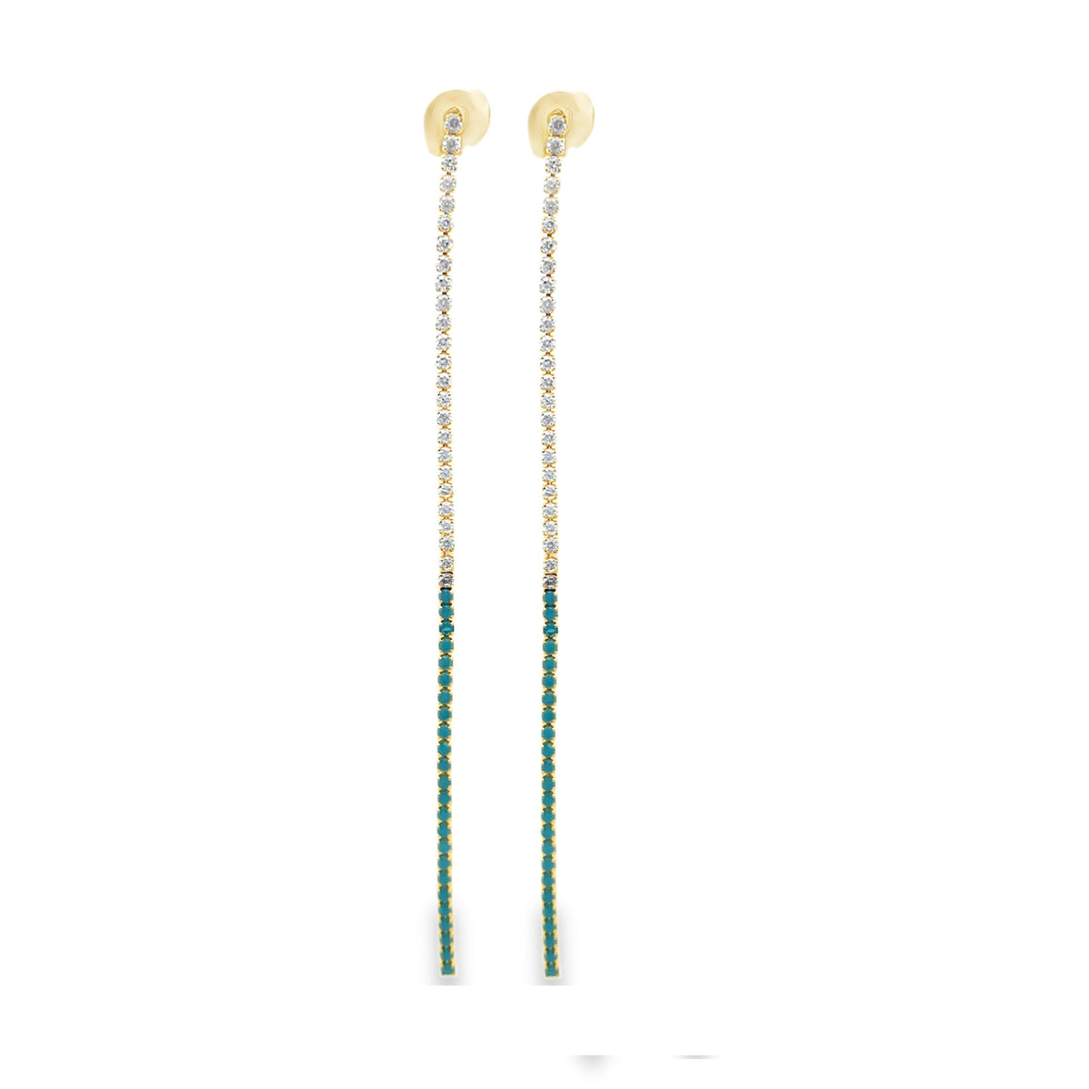 Elegant long tennis drop earrings with CZ stones and color detail. Lightweight dangle earrings perfect for special occasions or everyday glam.