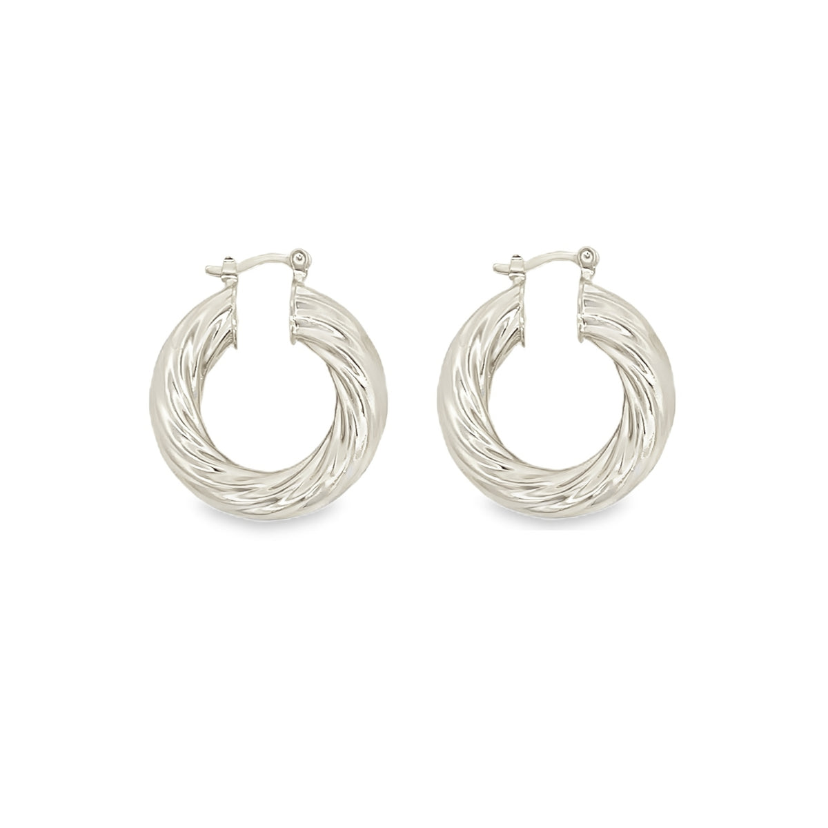 A pair of polished silver twisted hoop earrings glistens against a plain white background.