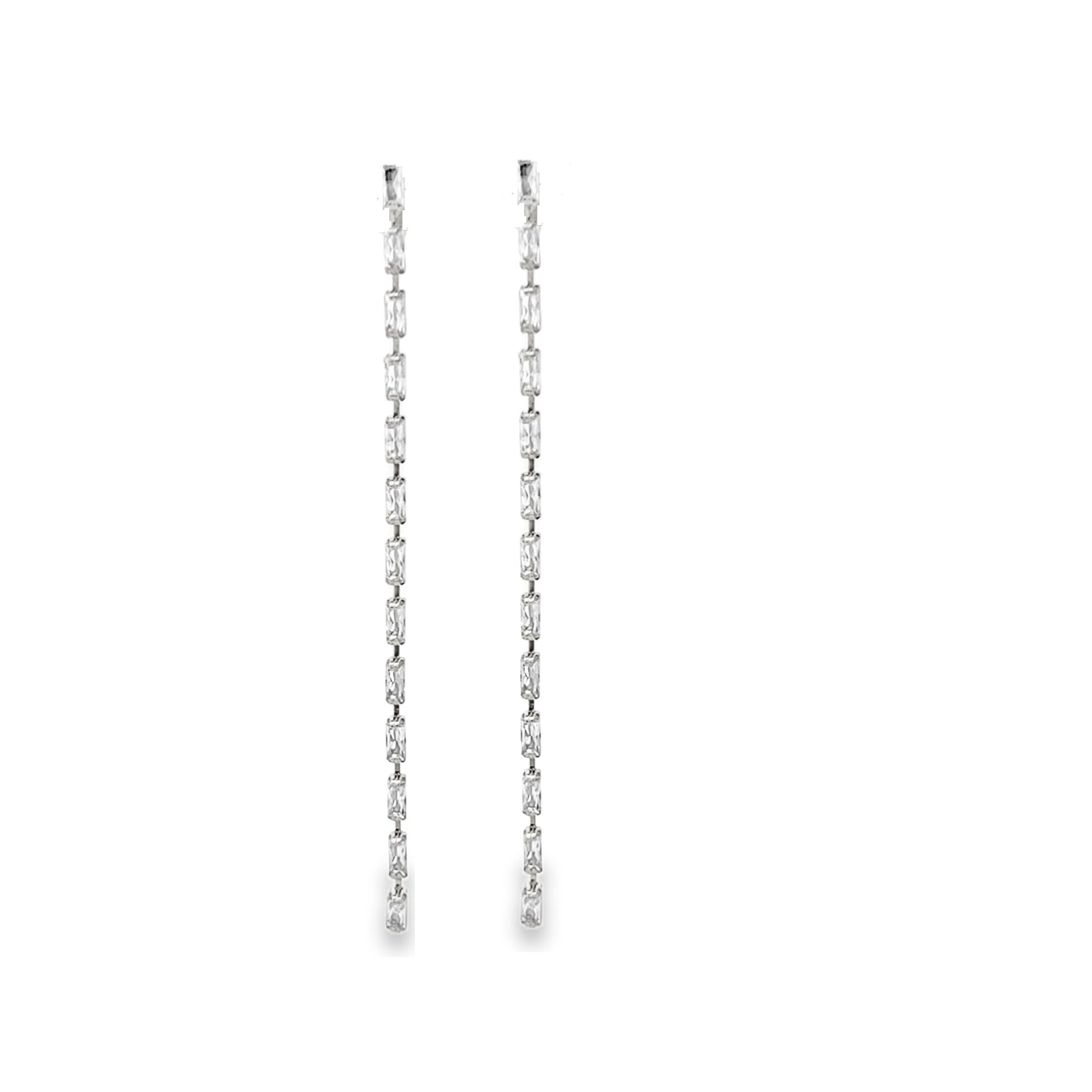 Elegant Long Dainty CZ Baguette Link  Drop Earrings in gold or silver. Dainty linear dangle design perfect for weddings, formal events, and everyday glam.