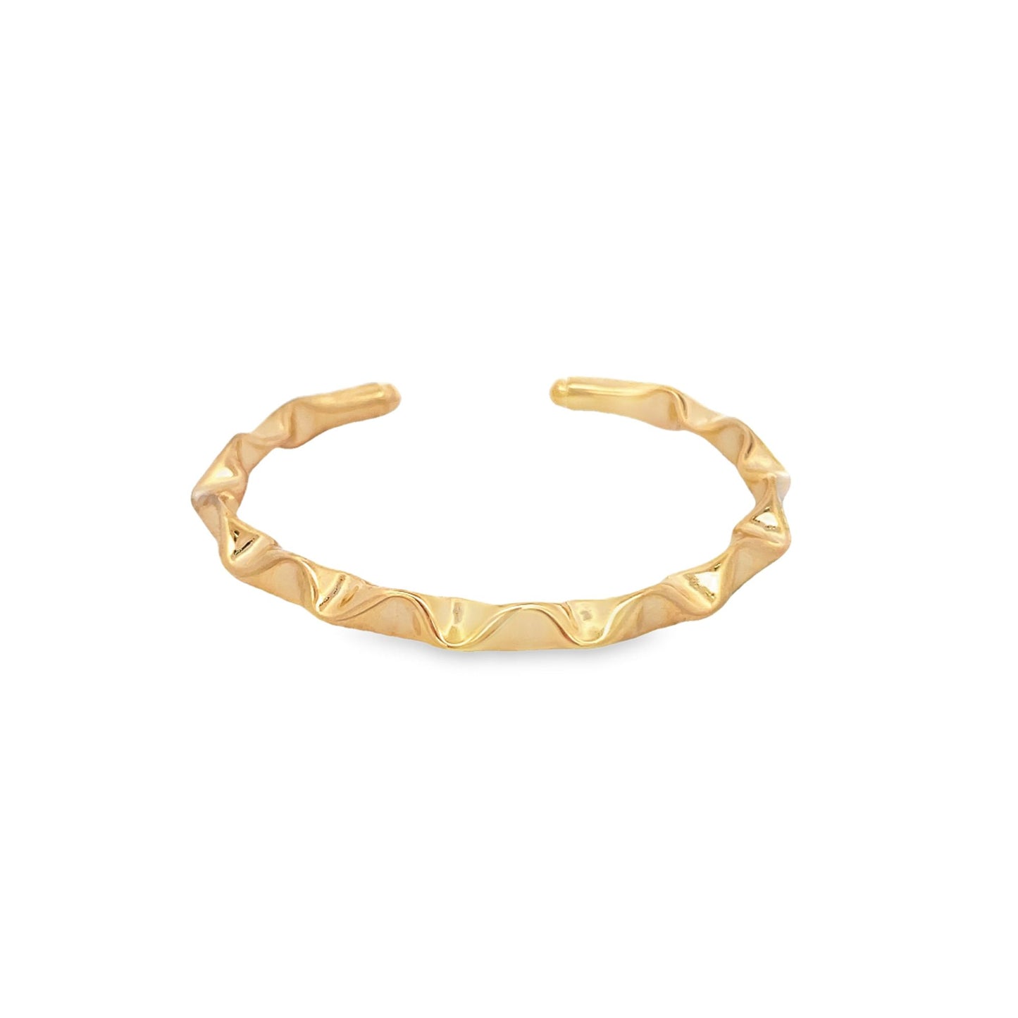 A polished gold cuff ring features a whimsical, rippled wave design against a clean white background.