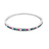 A sleek silver bangle bracelet showcases a vibrant channel-set array of multicolored baguette gemstones.