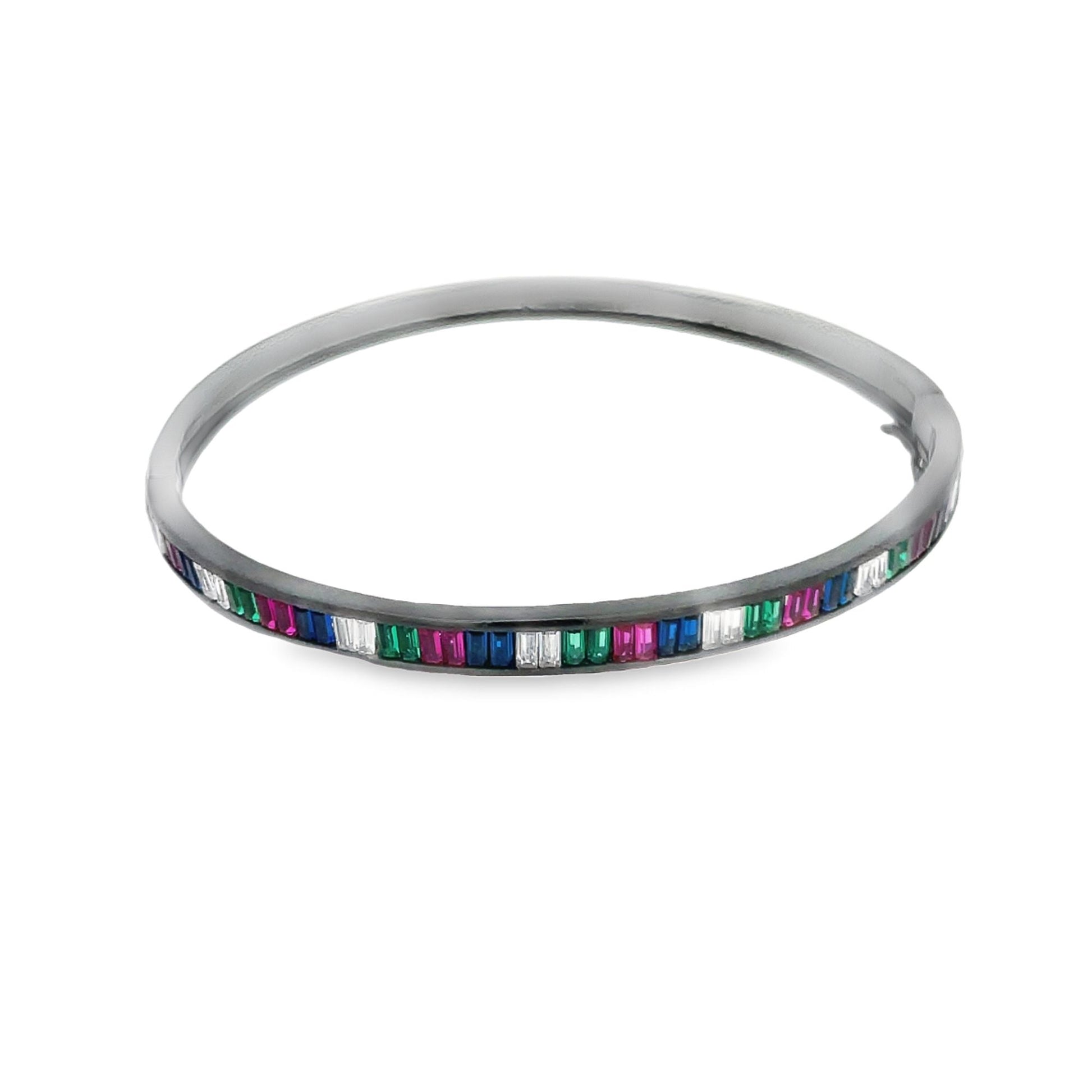 A sleek silver bangle bracelet showcases a vibrant inlay of multicolored baguette-cut gemstones against a clean white background.