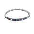 A sleek silver bangle bracelet showcases a vibrant inlay of multicolored baguette-cut gemstones against a clean white background.